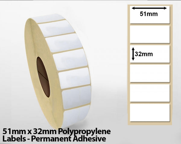 50mm x 30mm Polypropylene Labels - Permanent Adhesive
