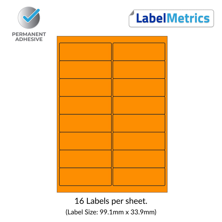 Orange (Pantone 021) A4 Laser Labels - Inkjet Labels - 16 Per Sheet (99.1mm x 33.9mm) LL16