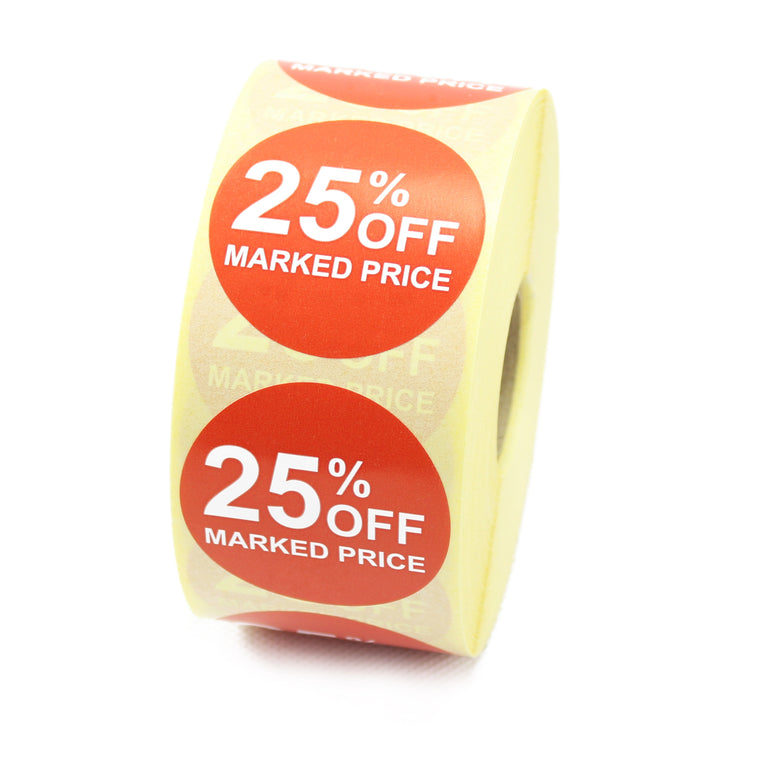 25% off marked price Promotional Labels, Red & White. 40mm Diameter.