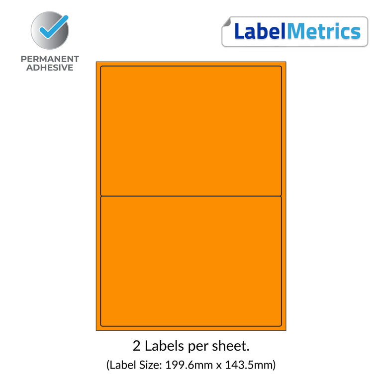 Orange (Pantone 021) A4 Laser Labels - Inkjet Labels - 2 Per Sheet (199.6mm x 143.5mm) LL02
