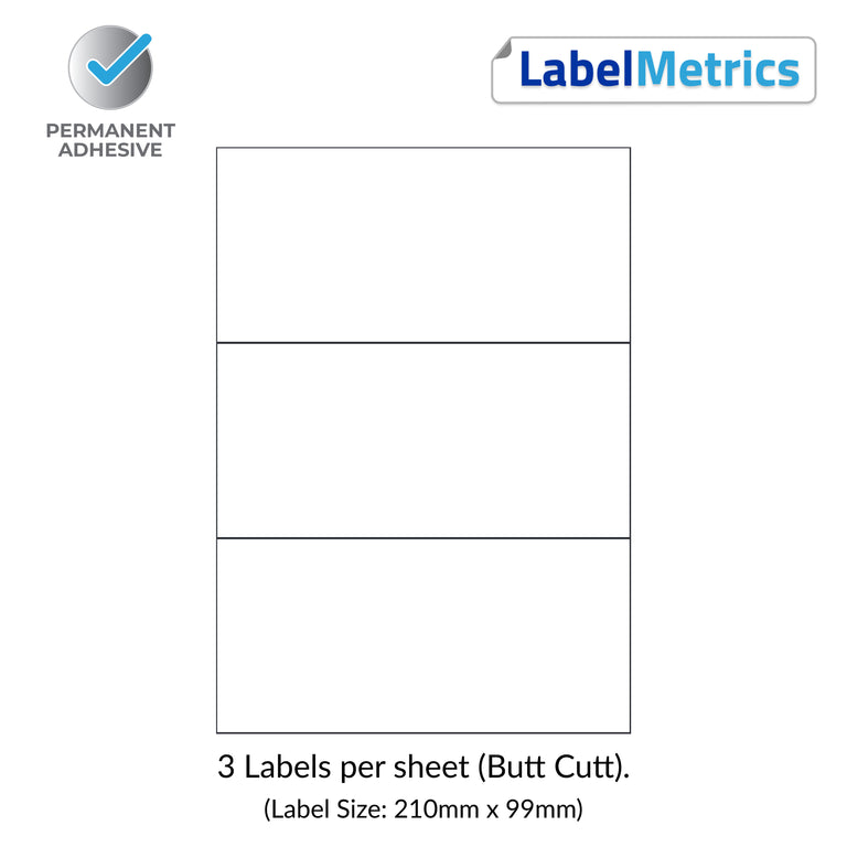A4 Laser Labels - Inkjet Labels - 3 Per Sheet (210mm x 99mm)