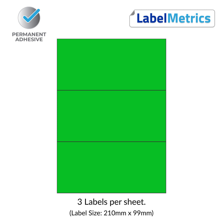 Pantone Green A4 Laser Labels - Inkjet Labels - Butt Cut 3 Per Sheet (210mm x 99mm) LL03NSE