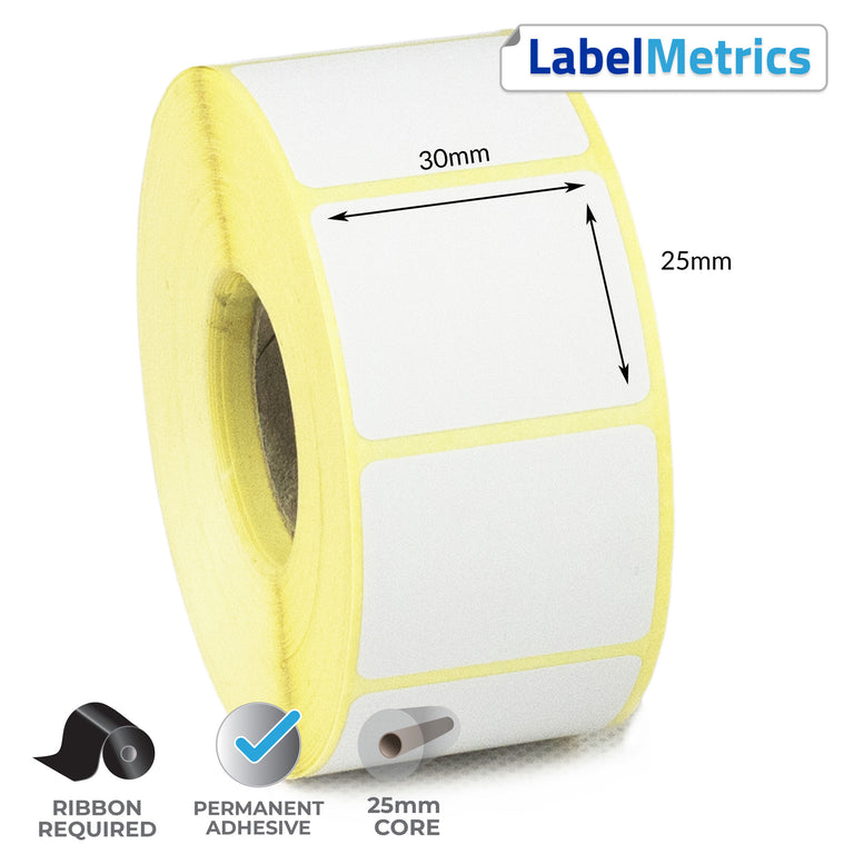 30 x 25mm Thermal Transfer Labels - Permanent Adhesive