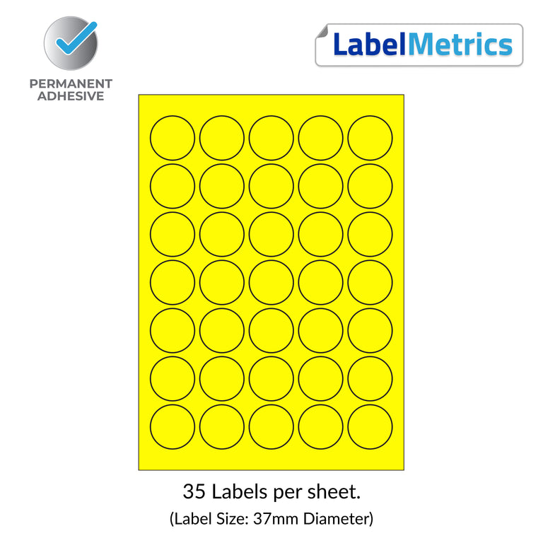 Pantone Yellow A4 Laser Labels - Inkjet Labels - 35 Round labels per sheet, 37mm Diameter. LL37C