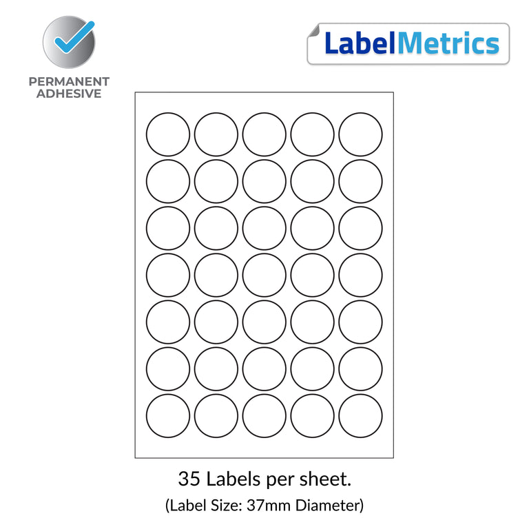 A4 Laser Labels - Inkjet Labels - 35 Round labels per sheet, 37mm Diameter. (LL37C)