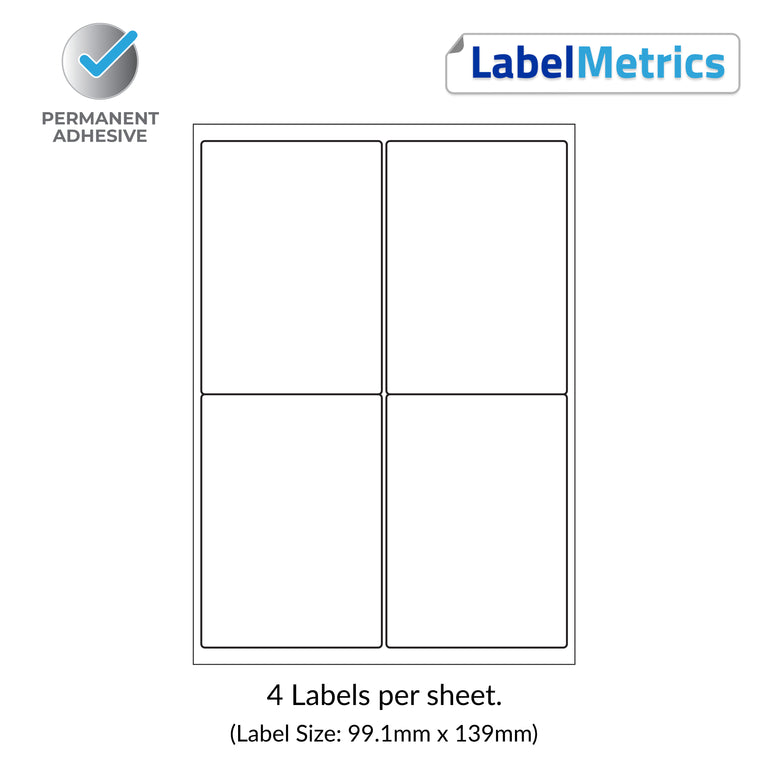 A4 Laser Labels - Inkjet Labels - 4 Per Sheet, 99.1mm x 139mm. (LL04)