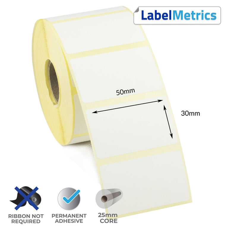50 x 30mm Direct Thermal Labels - Permanent Adhesive