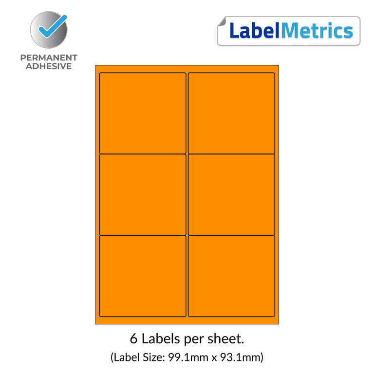 Orange (Pantone 021) A4 Laser Labels - Inkjet Labels - 6 Per Sheet (99.1mm x 93.1mm) LL06