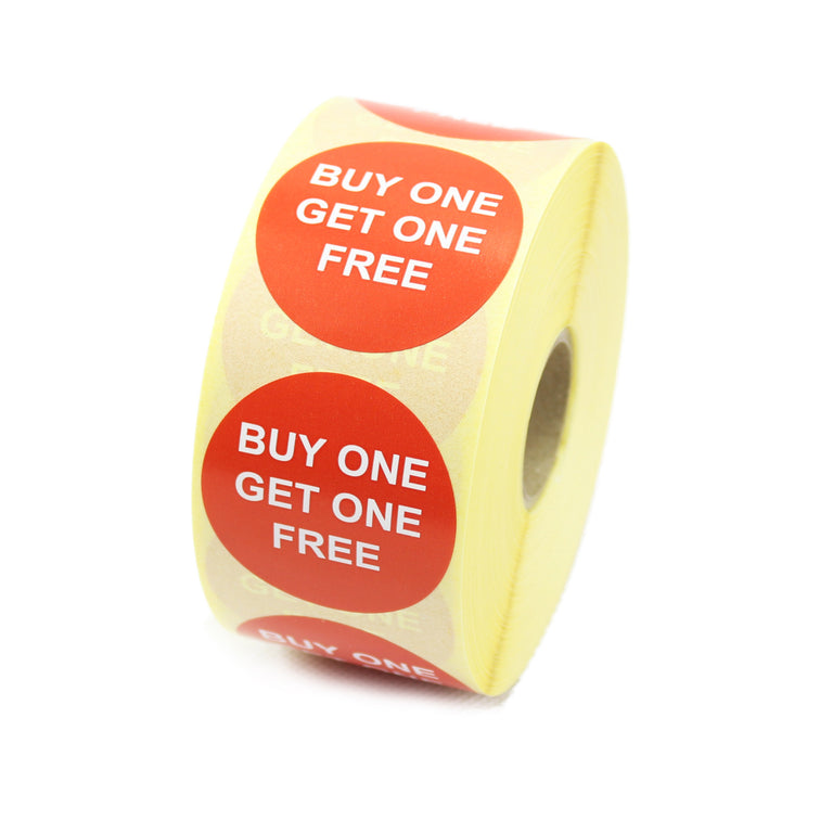 Buy one get one free Promotional Labels, Red & White. 40mm Diameter.
