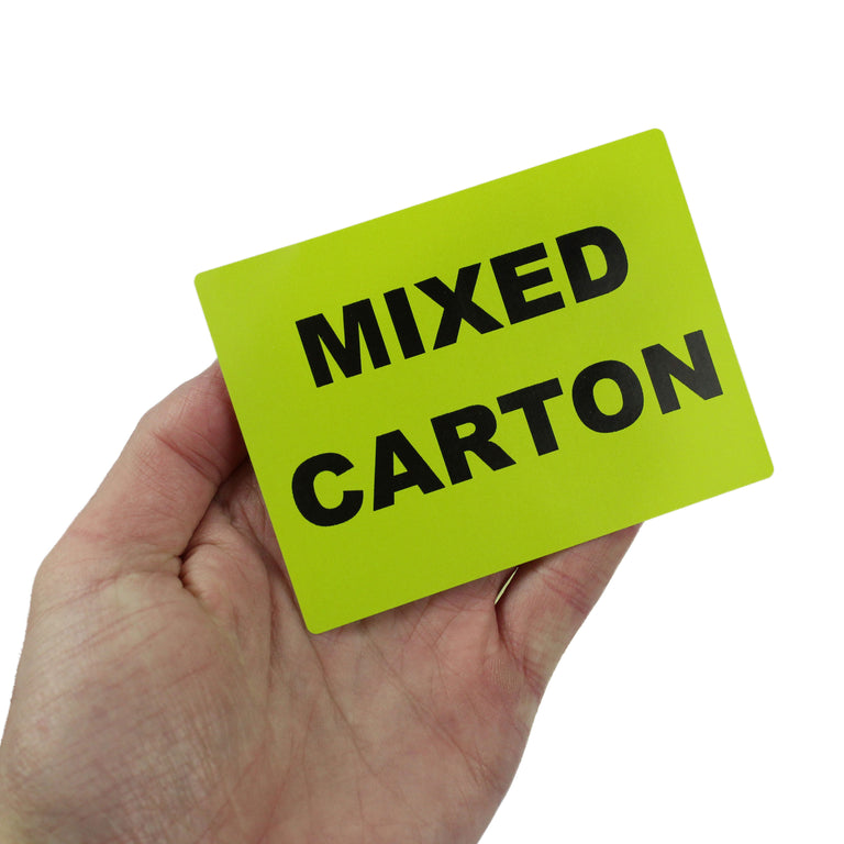 Mixed Carton, printed labels. 100mm x 75mm. Black Print / Green Label.