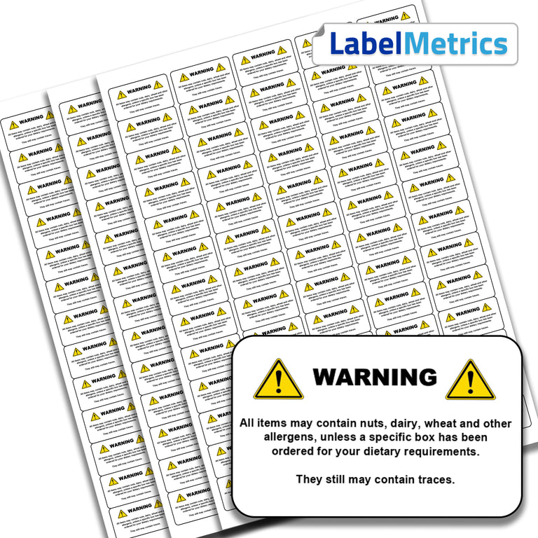 Food Allergy warning labels. 65 labels per A4 sheet, permanent adhesive.