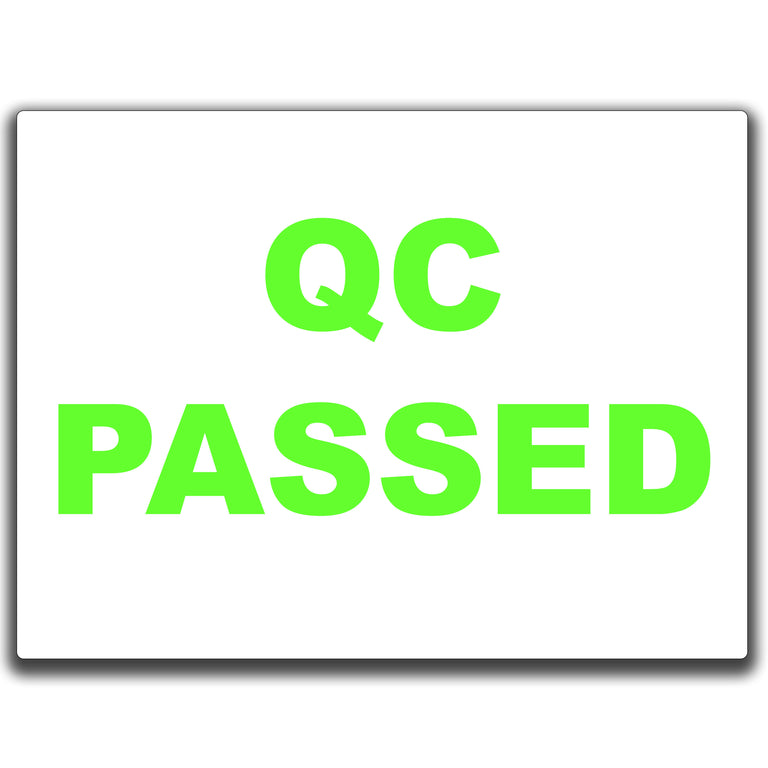 QC Passed, printed labels. 100mm x 75mm. Green Print / White Label. Permanent Adhesive.  500 Labels.