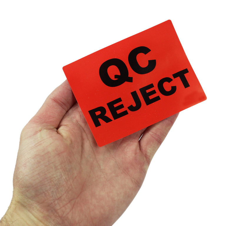QC Reject, printed labels. 100mm x 75mm. Black Print / Red Label.