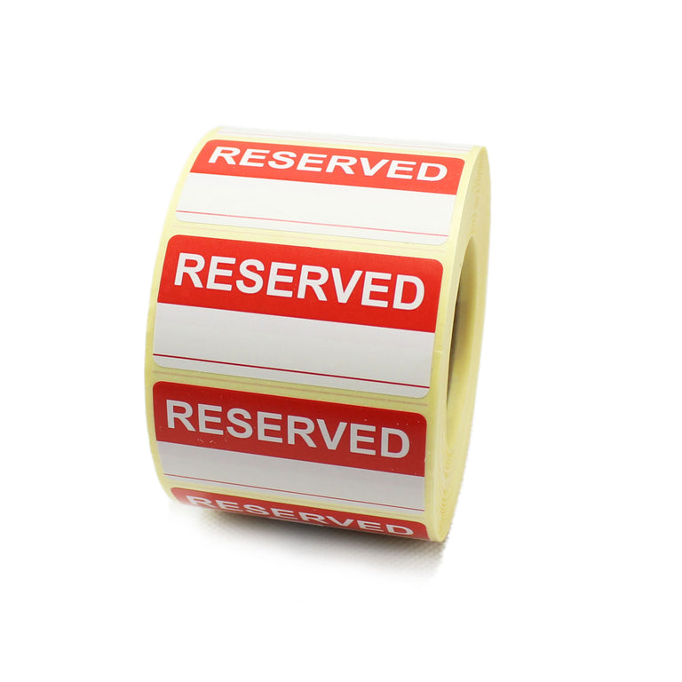 Reserved with 1 line, printed labels, 50mm x 25mm. Red Print on white label.