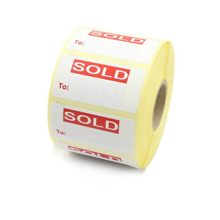 Sold To. 50mm x 25mm Printed red on White. Retails labels.
